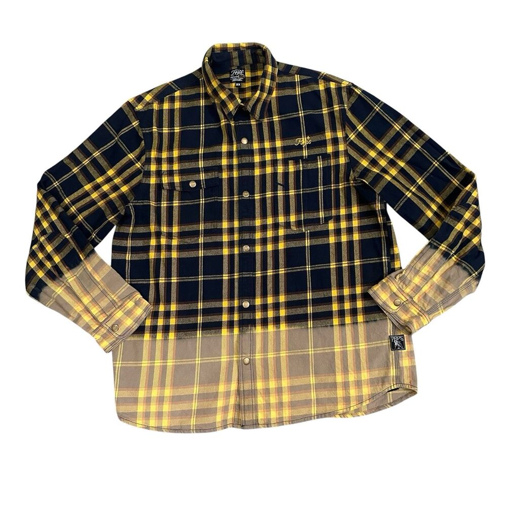 PRPS Plaid Flannel Shirt Yellow Black Button-Up Heavy Weight  Dipped Hem 2XL